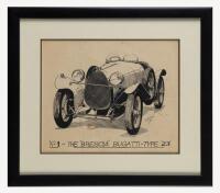 R. SHEPHERD: A fine monochrome drawing framed and glazed by R. Shepherd&nbsp;of No1 Brescia, Bugatti Type 23