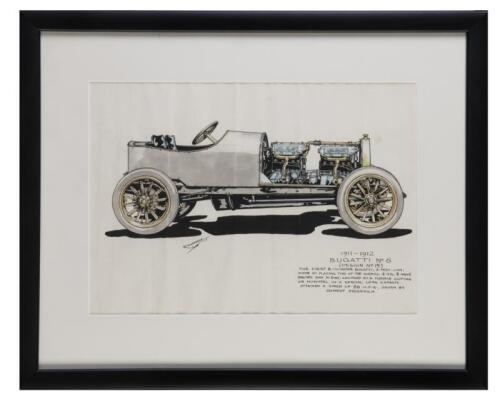 R. SHEPHERD: A fine watercolour drawing framed and glazed by R. Shepherd of a 1911-1912 Bugatti No.6 (Design No.15), 'The first 8 cylinder Bugatti'