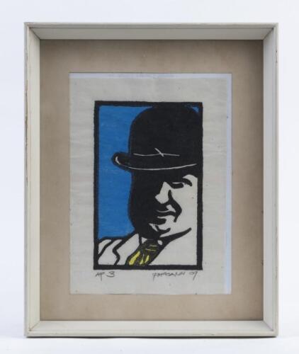 ETTORE BUGATTI: A hand coloured wood block print by Peter McGann depicting a hand drawn portrait of Ettore Bugatti, framed and glazed, dated 2009 on lower right corner, 19cm high, 14cm wide (visible)