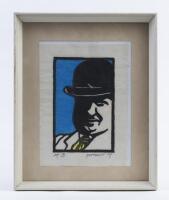 ETTORE BUGATTI: &nbsp;A hand coloured wood block print by Peter McGann depicting a&nbsp;hand drawn portrait of Ettore Bugatti, framed and glazed, dated 2009 on lower right corner, 19cm high, 14cm wide (visible)
