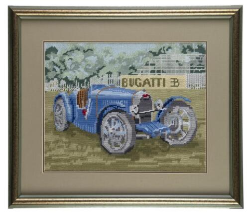 BUGATTI CROSS STITCH: A Bugatti cross stitch wall piece, framed & glazed,