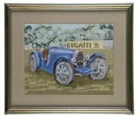 BUGATTI CROSS STITCH: A Bugatti cross stitch wall piece, framed & glazed,