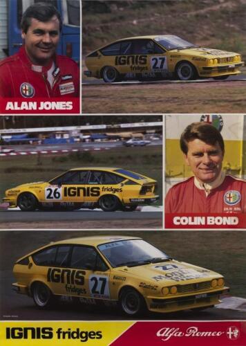 ALFA GTV6: A large poster illustrating the Alfa Romeo GTV6, Group A racing car with drivers Alan Jones & Colin Bond circa 1981
