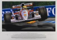 AYRTON SENNA: 'Flying Lap' by Thierry Thompson, a limited edition [254/500] poster featuring Ayrton Senna driving his McLaren MP4/8 at the 1993 Australian Grand Prix, print has race information at bottom, signed & numbered, 56cm high, 91cm wide overall