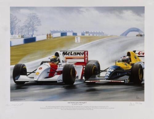 AYRTON SENNA: A print by Robert Tomlin - "and Senna goes through!!!" - depicting Ayrton Senna driving what is regarded as the finest lap ever in the history of F1 at the 1993 European Grand prix held at Donington, U.K., limited edition 591/750, signed by artist and Donington Circuit owner Tom Wheatcroft, 35cm high; 45cm wide, comes with CoA.
