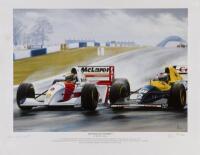 AYRTON SENNA:&nbsp;&nbsp;A print by Robert Tomlin - "and Senna goes through!!!" - depicting Ayrton Senna driving what is regarded as the finest lap ever in the history of F1 at the 1993 European Grand prix held at Donington, U.K., limited edition 591/750, signed by