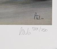 AYRTON SENNA:&nbsp;&nbsp;A print by Robert Tomlin - "and Senna goes through!!!" - depicting Ayrton Senna driving what is regarded as the finest lap ever in the history of F1 at the 1993 European Grand prix held at Donington, U.K., limited edition 591/750, signed by - 2