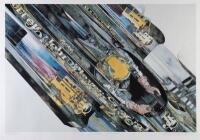 AYRTON SENNA:&nbsp;&nbsp;A heavy stock print by Niles Nakaoka depicting Ayrton Senna driving his Lotus in 1985, limited edition [199/900], signed by artist, 63cm high, 91cm wide overall, paper has rippled and also has a small tear at bottom right hand corner&nbsp;