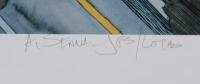 AYRTON SENNA:&nbsp;&nbsp;A heavy stock print by Niles Nakaoka depicting Ayrton Senna driving his Lotus in 1985, limited edition [199/900], signed by artist, 63cm high, 91cm wide overall, paper has rippled and also has a small tear at bottom right hand corner&nbsp; - 3