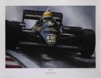 LOTUS:&nbsp;'Black and Gold' by artist Gavin Macleod, a&nbsp;heavy stock print depicting Ayrton Senna driving his Lotus in 1985, limited edition [5/500], signed and numbered by artist, 60cm high, 78cm wide overall