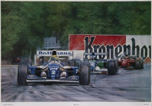 AYRTON SENNA: A large poster by artist John Saunders dated May 1st at bottom (the date of Ayrton Senna's death), depicting Ayrton Senna seen driving at the forefront in the 1994 San Marino Formula One Grand Prix, 52cm high, 65cm wide