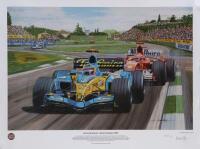 ALONSO: A 2005 Andrew Kitson print - 'Fernando Alonso - World Champion 2005' - Limited Edition of 500, numbered 438, signed by artist, measures approx 44cm high, 60cm wide&nbsp;overall.