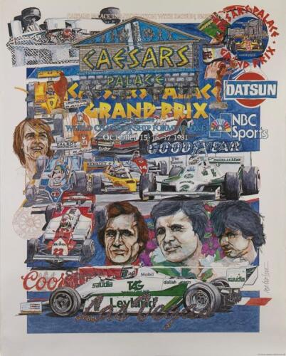 USA: A large poster by artist Ron Burton of the October 17, 1981 Las Vegas Caesars Palace Formula One Grand Prix, won by Alan Jones in the Williams-Ford, 76cm high, 61cm wide