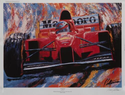 SCHUMACHER: A limited edition print of 495, by artist Bill Patterson depicting Michael Schumacher driving his 1997 Ferrari F310, signed by the artist, measures approx 48cm high, 63cm wide overall.
