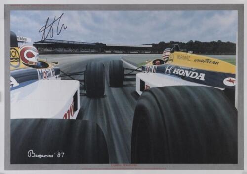 WILLIAMS; 'Passing Strangers', a heavy stock print by artist Arthur Benjamins depicting both Nelson Piquet at the 1987 British Grand Prix driving their Williams Honda FW11, with unknown signature to the top left hand corner, 42cm high, 59cm wide