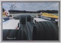 WILLIAMS; 'Passing Strangers', a heavy stock print by artist Arthur Benjamins depicting both Nelson Piquet&nbsp;at the 1987 British Grand Prix&nbsp;driving their Williams Honda FW11, with unknown signature to the top left&nbsp;hand corner, 42cm high, 59cm wide