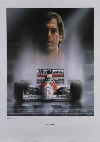AYRTON SENNA: 'The Hero', a large portrait poster by artist Stuart Coffield depicting Ayrton Senna and his 1991 McLaren Honda, 70cm high, 49cm wide overall