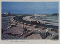HAWTHORN: A limited edition [81/100] heavy stock small poster by artist Roy Nockolds depicting Mike Hawthorn driving at the 1958 Moroccan Grand Prix,&nbsp;28cm high, 38cm wide overall