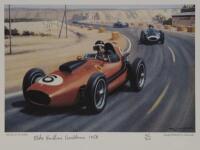 HAWTHORN: A limited edition [165/400] heavy stock small poster by artist Roy Nockolds depicting Mike Hawthorn driving at the 1958 Moroccan Grand Prix, 28cm high, 38cm wide overall