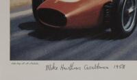 HAWTHORN: A limited edition [165/400] heavy stock small poster by artist Roy Nockolds depicting Mike Hawthorn driving at the 1958 Moroccan Grand Prix, 28cm high, 38cm wide overall - 3
