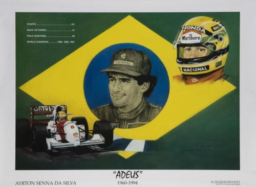 SENNA: A series of three reproduced glossy posters by artist Jacqueline Huet depicting Ayrton Senna at different stages of his career, 50cm high, 70cm wide