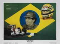 SENNA: A series of three reproduced glossy posters by artist Jacqueline Huet depicting Ayrton Senna at different stages of his career, 50cm high, 70cm wide