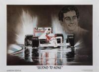 SENNA: A series of three reproduced glossy posters by artist Jacqueline Huet depicting Ayrton Senna at different stages of his career, 50cm high, 70cm wide - 3