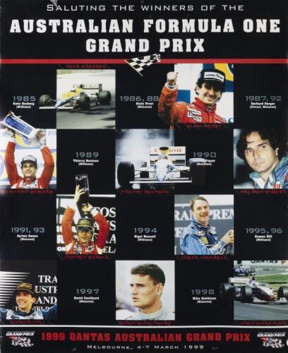 AUSTRALIAN GRAND PRIX: A poster from the 1999 Qantas Australian Grand Prix showing the previous winners of the Australian Grand Prix events from 1985-1998, 85cm high, 70cm wide