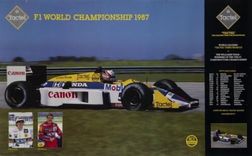 WILLIAMS HONDA: A circa 1987 publicity poster featuring the Williams Honda FW11 car, drivers and race dates for the 1987 World Championship