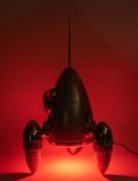 A interesting 'Car Part Art' lamp sculpture&nbsp;in rocket form titled 'Blast Off' by Australian artist Terry Lawrie made from genuine retro car parts&nbsp;including&nbsp;'59 Cadillac taillight lenses and others, approx 66cm high - 5