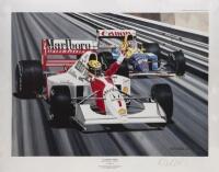 MONACO: 'A Close Run Thing', a signed poster by artist Colin Carter depicting the finish of the 1992 Monaco Grand Prix won by Ayrton Senna over Nigel Mansell by a margin of 0.2 seconds, 50cm high, 65cm wide overall, - 4