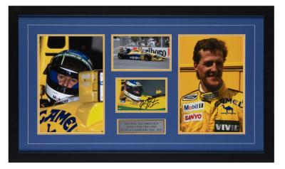 SCHUMACHER: A excellent framed collage featuring Michael Schumacher in Camel livery Benetton, one photograph signed by Schumacher, plaque engraved to lower 'Michael Schumacher Benetton 1991-1995 World Champion 1994, 1995. 79cm wide, 47cm high. 