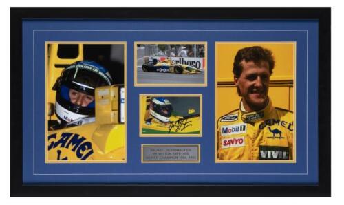 SCHUMACHER: A excellent framed collage featuring Michael Schumacher in Camel livery Benetton, one photograph signed by Schumacher, plaque engraved to lower 'Michael Schumacher Benetton 1991-1995 World Champion 1994, 1995. 79cm wide, 47cm high.