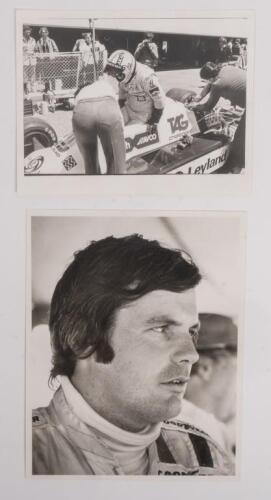 ALAN JONES: Two black and white photographs featuring Alan Jones including one in Williams FW07 and earlier portrait. Largest 20.5cm wide, 25.5cm high.