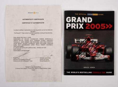 2005 GRAND PRIX: The official ITV Sport guide to the 2005 Grand Prix season by Bruce Jones, book hand signed by seventeen Formula One drivers including Schumacher, Barichello, Button, Alonso, Webber & others.