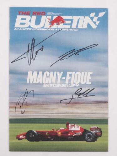 FORMULA 1: A June 22 2008, Issue 218, of 'THE RED BULLETIN', front cover signed by Fernando Alonso, Kimi Raikkonen, Rubens Barrichello and Jarno Trulli