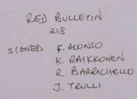 FORMULA 1: A June 22&nbsp;2008, Issue 218, of 'THE RED BULLETIN', front cover signed by Fernando Alonso, Kimi Raikkonen, Rubens Barrichello and Jarno Trulli - 2