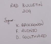 FORMULA 1: A May 22, 2008, Issue 209, of 'THE RED BULLETIN', front cover signed by Fernando Alonso, Kimi Raikkonen and David Coulthard - 2