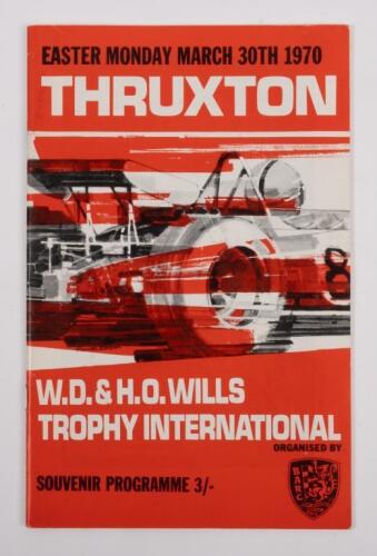 FORMULA 2: An official souvenir program from the W.D.& H.O. Wills Trophy International of March 30, 1970 at Thruxton, includes signatures from Jochen Rindt, Jo Siffert, Barrie Smith, Peter Westbury, Rolf Stommelen, Robin Widdows and Brian Cullen