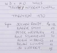 FORMULA 2: An official souvenir program from the W.D.& H.O. Wills Trophy International of March 30, 1970 at Thruxton, includes signatures from Jochen Rindt, Jo Siffert, Barrie Smith, Peter Westbury, Rolf Stommelen, Robin Widdows and Brian Cullen - 4
