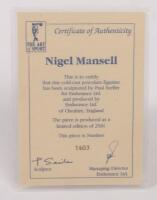 NIGEL MANSELL: A 1:9 scale limited edition (1403/5000) cold cast porcelain resin figure of Nigel Mansell&nbsp;sculpted by Paul Szeiler for Endurance Ltd, on wooden base with engraved plaque, NIB and accompanied by a COA from The Art of Sport, 22cm high - 4