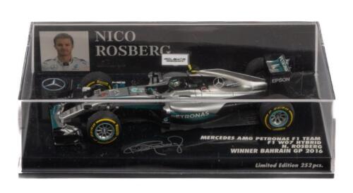 MERCEDES AMG PETRONAS F1 W07: A 1:43 scale Minichamps Mercedes AMG Petronas F1 team, F1 W07 hybrid as raced to victory by Nico Rosberg Bahrain 2016