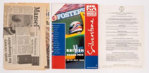BRITISH: A autographed Formula 1 race programme from the 1992 British GP Silverstone, signatures include, Niki Lauda, Johnny Herbert, Roberto Moreno, Perry McCarthy, as well as Nigel Mansell news articles.