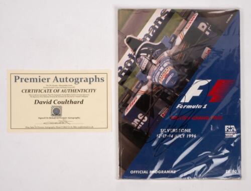 BRITISH: A autographed formula 1 race programme from the 1996 British GP Silverstone, signed by, David Coulthard,with certificate of authenticity.