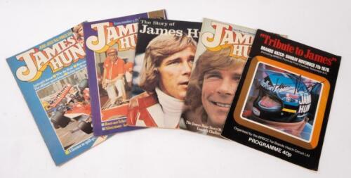 JAMES HUNT: Three James Hunt Magazines Additions 1,2 and 3, the story of James Hunt, "Tribute to James" brands hatch 1976 programme, signed by James Hunt to cover