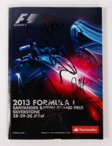 BRITISH: A autographed Formula 1 race programme from the 2013 British GP Silverstone, signatures include, Daniel Ricciardo, Lewis Hamilton, Sebastian Vettel and 10 other drivers.
