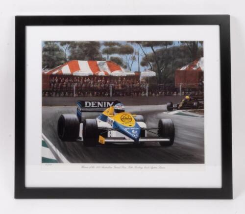 ROSBERG: A print after the original by Eric Irvine titled - 'Winner of the 1985 Australian Grand Prix, Keke Rosberg, leads Ayrton Senna', numbered 65/1000; framed and glazed 53cm high, 62cm wide overall.