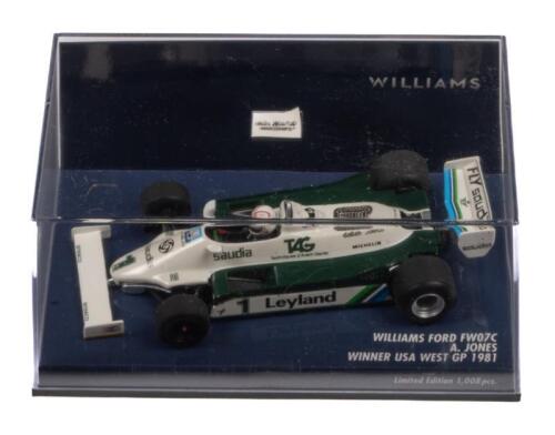 WILLIAMS FORD FW07C JONES: A 1:43 scale Minichamps Williams Ford FW07C, as raced to victory by Alan Jones USA west grand prix 1981, limited edition 1008 pieces