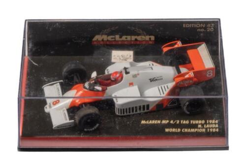 McLAREN MP 4/2 TAG TURBO: A 1:43 scale Minichamps McLaren MP 4/2 Tag turbo, as raced by Niki Lauda to the world championship in 1984