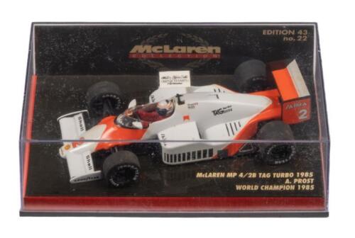McLAREN MP 4/2B TAG TURBO: A 1:43 scale Minichamps McLaren MP 4/2B Tag turbo, as raced by world champion Alain Prost in 1985